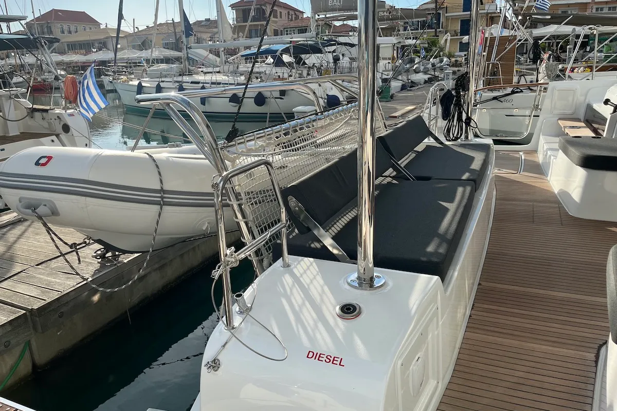 Deck of Why not 21, a Lagoon 43 catamaran at Municipal Unit of Lefkada, Greece