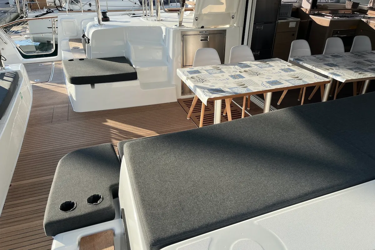 Deck of Why not 21, a Lagoon 43 catamaran at Municipal Unit of Lefkada, Greece