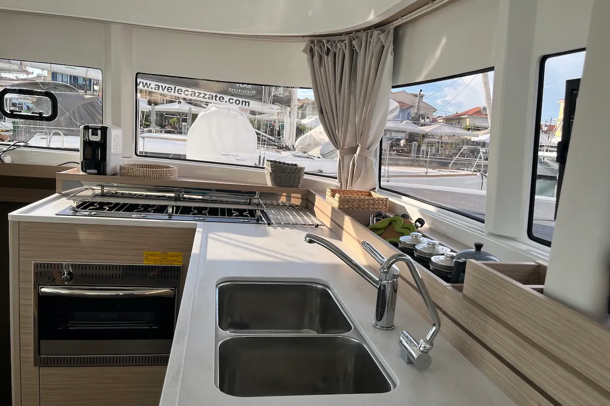Galley of Why not 21, a Lagoon 43 catamaran at Municipal Unit of Lefkada, Greece