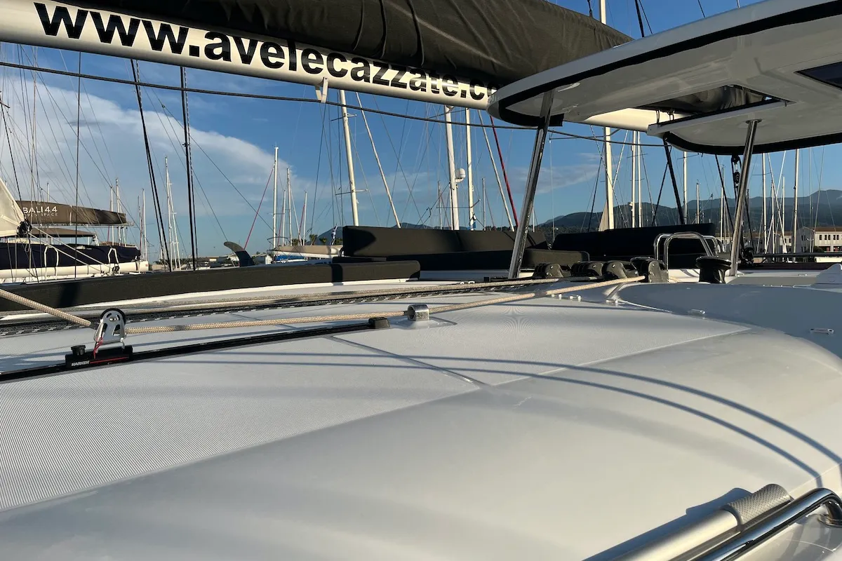 Exterior view of Why not 21, a Lagoon 43 catamaran at Municipal Unit of Lefkada, Greece
