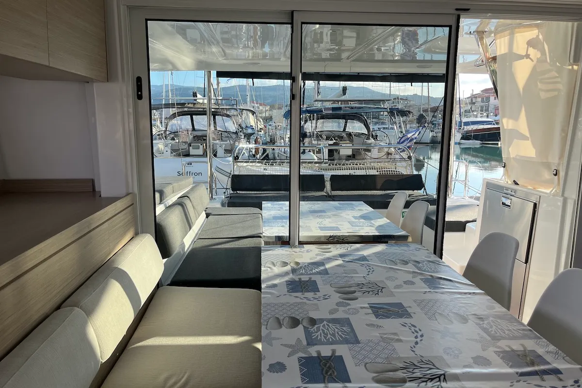 Salon of Why not 21, a Lagoon 43 catamaran at Municipal Unit of Lefkada, Greece