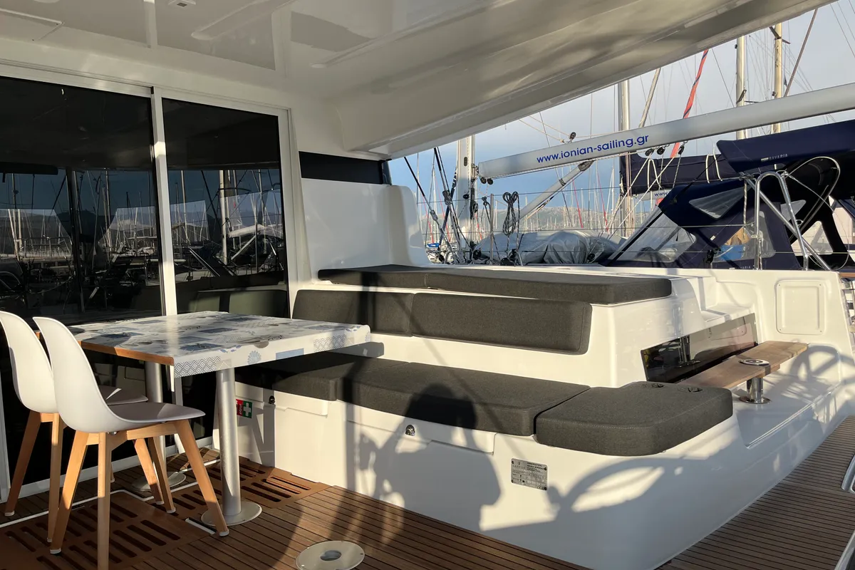 Deck of Why not 21, a Lagoon 43 catamaran at Municipal Unit of Lefkada, Greece