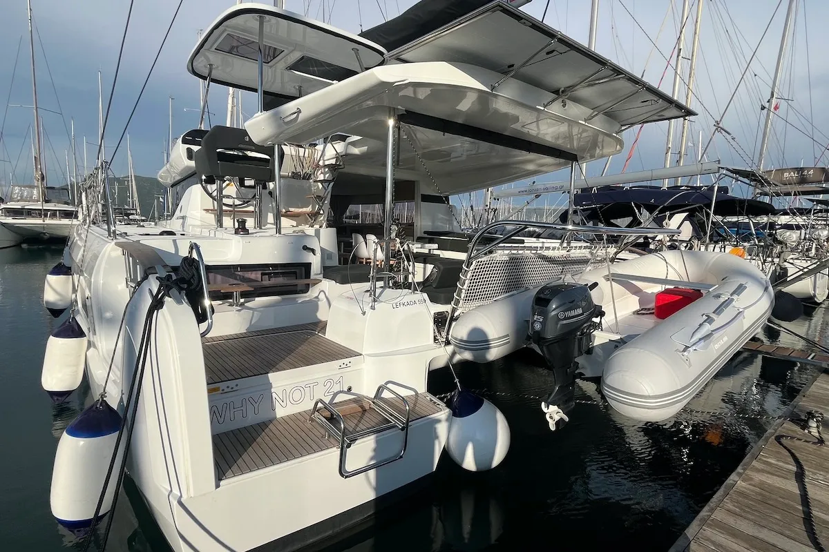 Exterior view of Why not 21, a Lagoon 43 catamaran at Municipal Unit of Lefkada, Greece