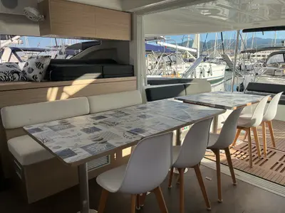 Salon of Why not 21, a Lagoon 43 catamaran at Municipal Unit of Lefkada, Greece