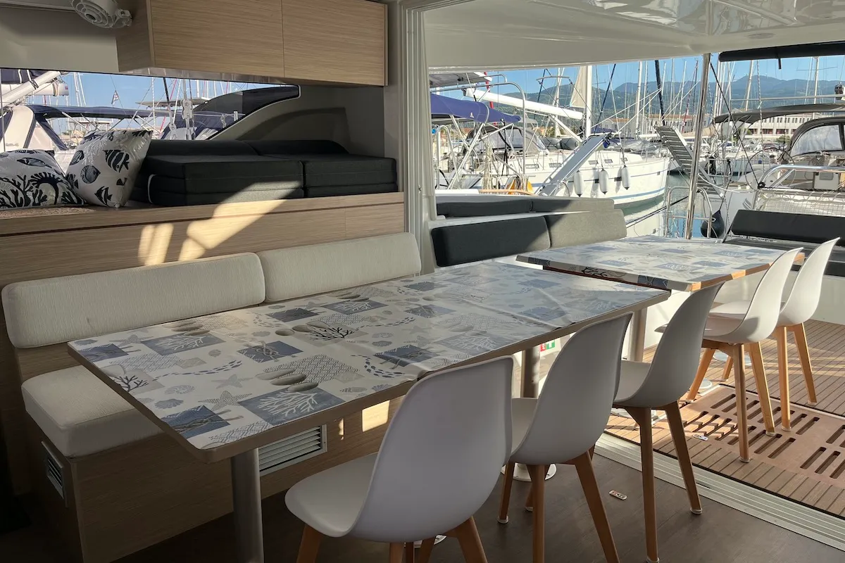 Salon of Why not 21, a Lagoon 43 catamaran at Municipal Unit of Lefkada, Greece