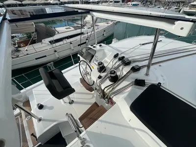 Cockpit of Why not 21, a Lagoon 43 catamaran at Municipal Unit of Lefkada, Greece