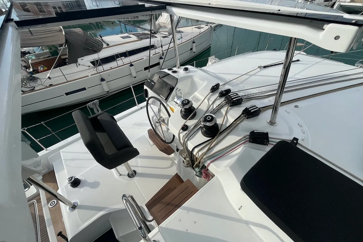 Cockpit of Why not 21, a Lagoon 43 catamaran at Municipal Unit of Lefkada, Greece