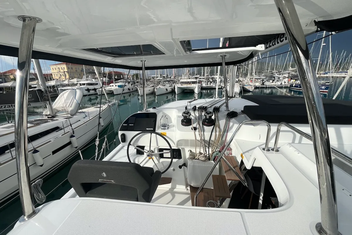 Cockpit of Why not 21, a Lagoon 43 catamaran at Municipal Unit of Lefkada, Greece