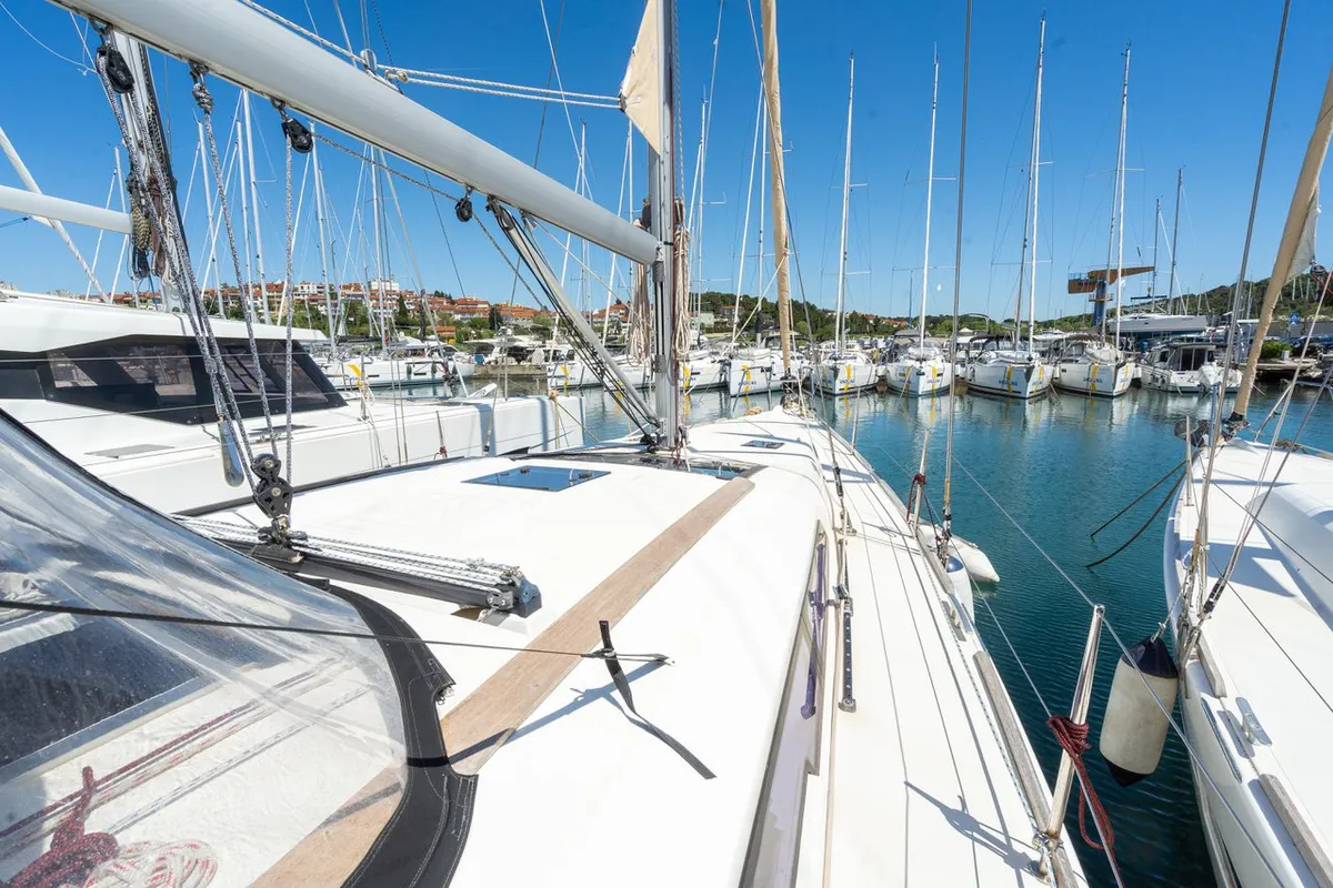 Deck of Apus, a Dufour 412 GL sailboat at Pula, Croatia