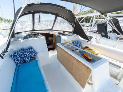 Deck of Apus, a Dufour 412 GL sailboat at Pula, Croatia