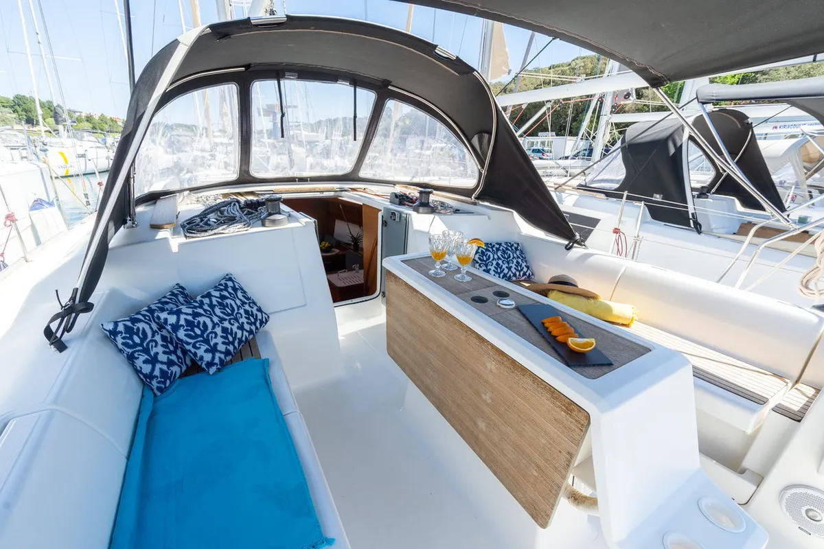 Deck of Apus, a Dufour 412 GL sailboat at Pula, Croatia
