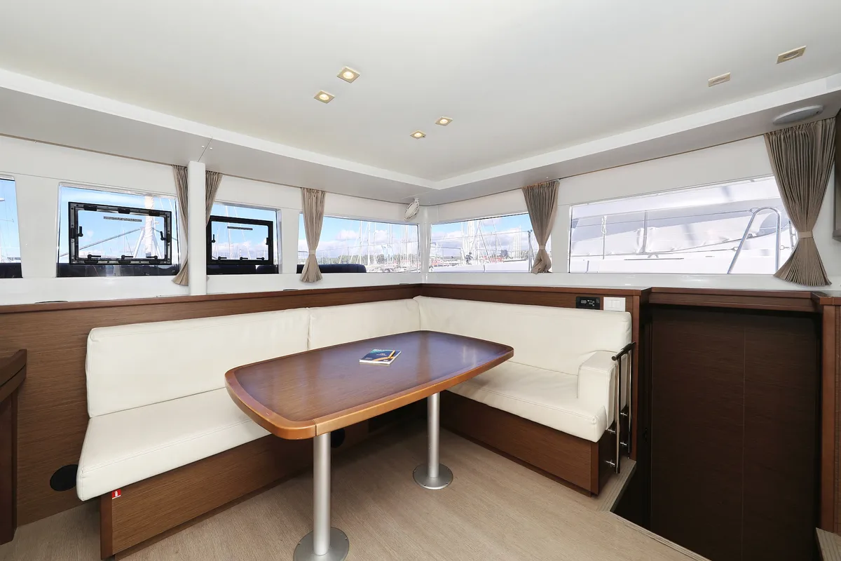 Salon of Adriatic Queen, a Lagoon 450 S catamaran at Grad Biograd na Moru, Croatia