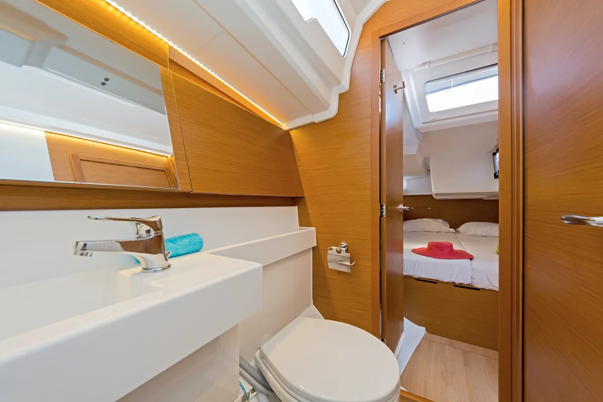 Head on Captain George, a Jeanneau Sun Odyssey 490 sailboat at Municipal Unit of Rhodes, Greece