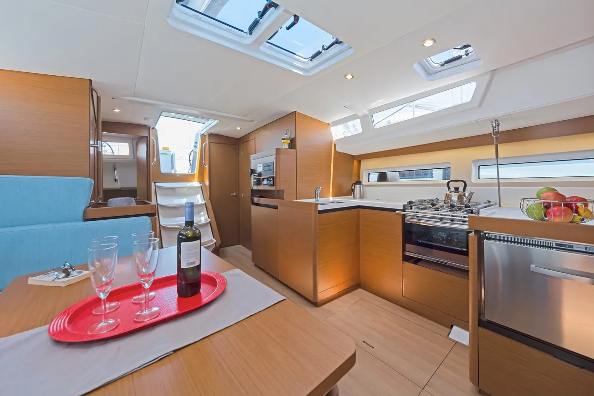 Galley of Captain George, a Jeanneau Sun Odyssey 490 sailboat at Municipal Unit of Rhodes, Greece