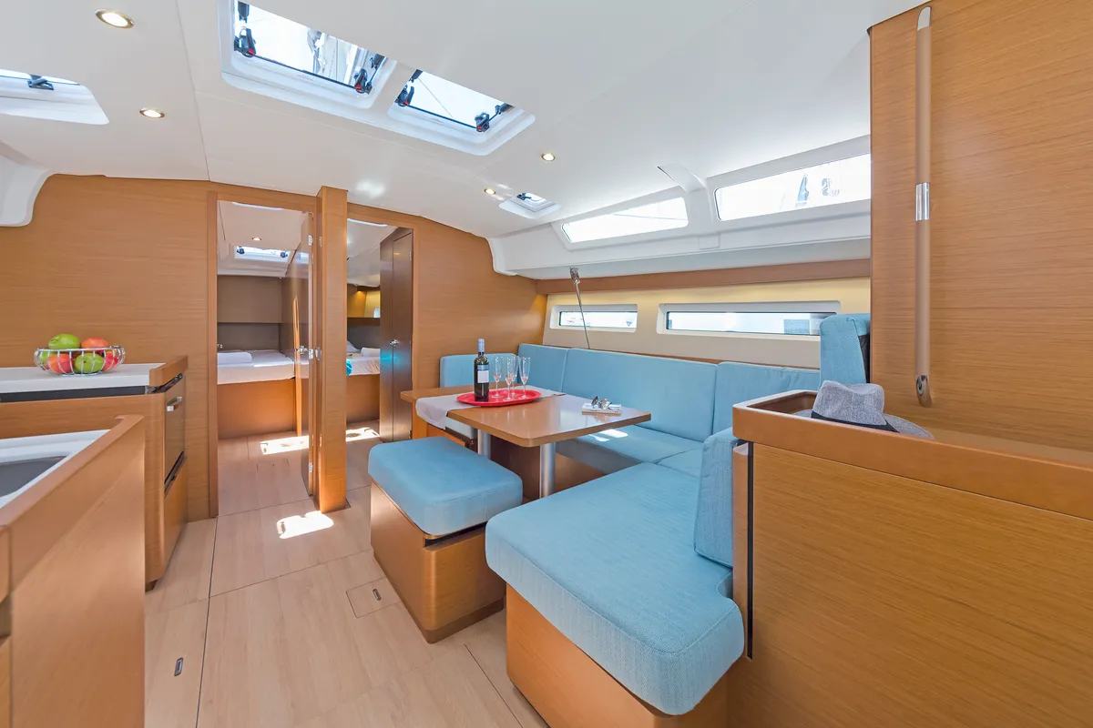 Salon of Captain George, a Jeanneau Sun Odyssey 490 sailboat at Municipal Unit of Rhodes, Greece