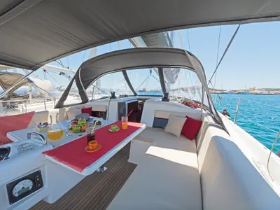Deck of Captain George, a Jeanneau Sun Odyssey 490 sailboat at Municipal Unit of Rhodes, Greece