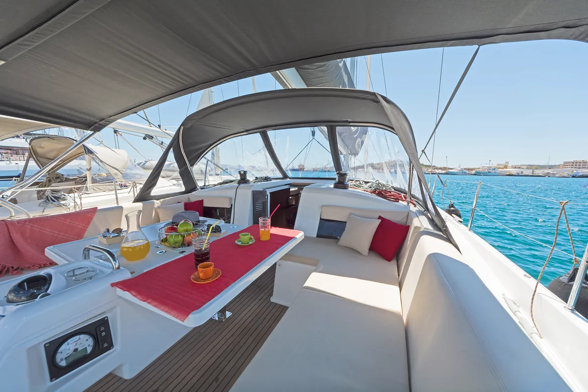 Deck of Captain George, a Jeanneau Sun Odyssey 490 sailboat at Municipal Unit of Rhodes, Greece