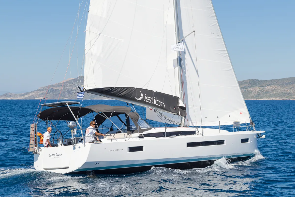 Exterior view of Captain George, a Jeanneau Sun Odyssey 490 sailboat at Municipal Unit of Rhodes, Greece