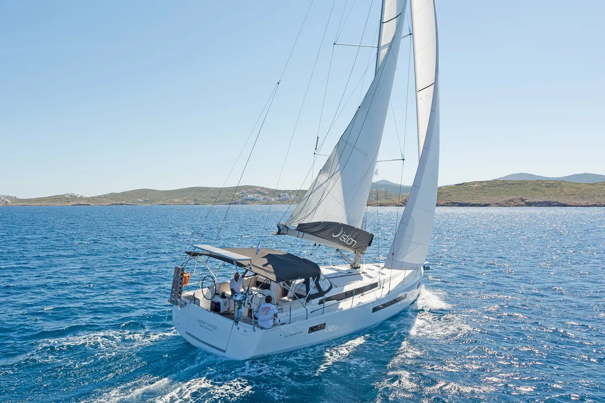 Exterior view of Captain George, a Jeanneau Sun Odyssey 490 sailboat at Municipal Unit of Rhodes, Greece