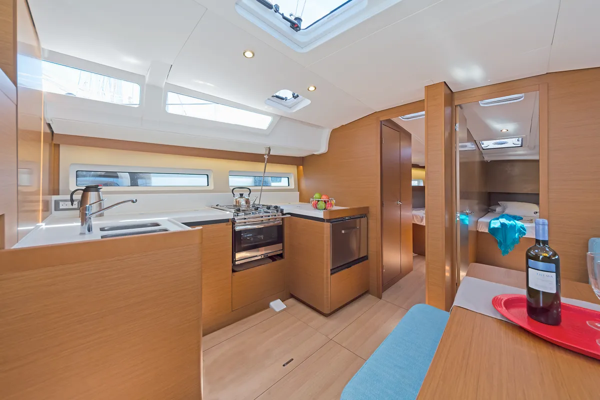 Galley of Captain George, a Jeanneau Sun Odyssey 490 sailboat at Municipal Unit of Rhodes, Greece