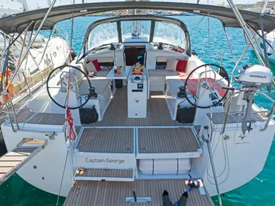 Cockpit of Captain George, a Jeanneau Sun Odyssey 490 sailboat at Municipal Unit of Rhodes, Greece