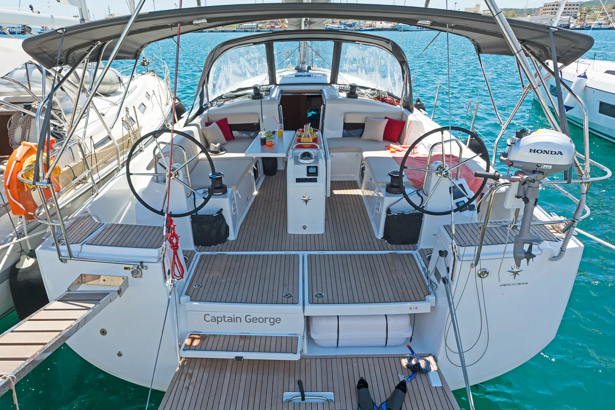 Cockpit of Captain George, a Jeanneau Sun Odyssey 490 sailboat at Municipal Unit of Rhodes, Greece