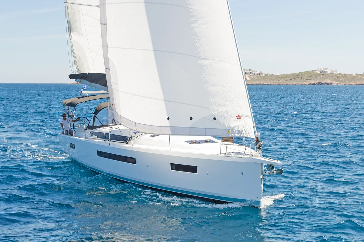 Exterior view of Captain George, a Jeanneau Sun Odyssey 490 sailboat at Municipal Unit of Rhodes, Greece