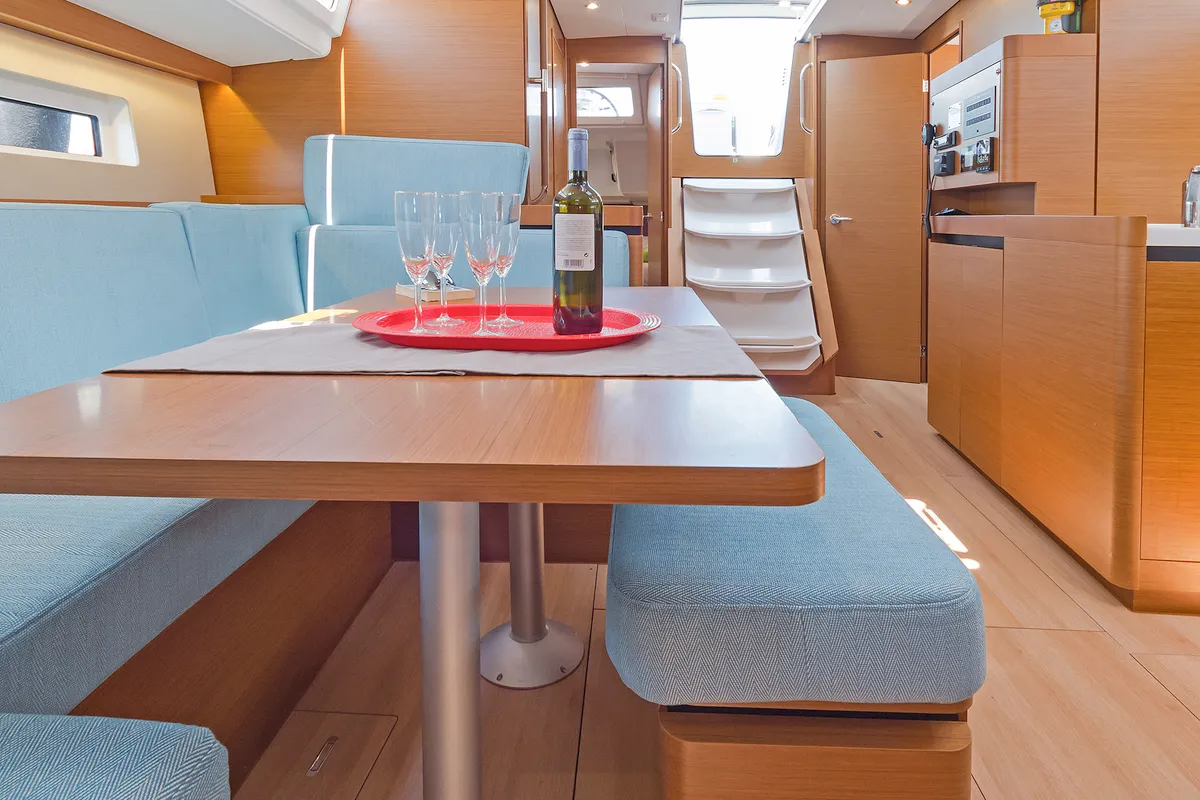 Salon of Captain George, a Jeanneau Sun Odyssey 490 sailboat at Municipal Unit of Rhodes, Greece