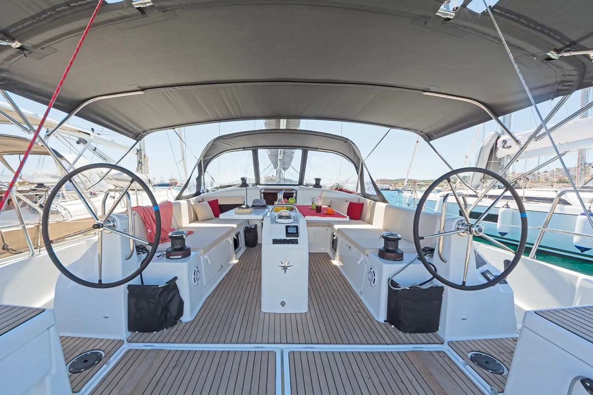 Cockpit of Captain George, a Jeanneau Sun Odyssey 490 sailboat at Municipal Unit of Rhodes, Greece