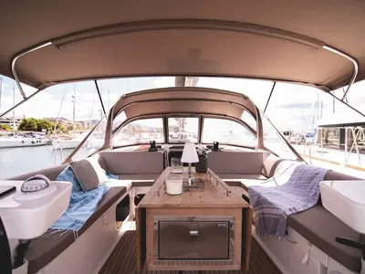 Deck of Blue Moon, a Dufour 520 Grand Large sailboat at Preveza, Greece