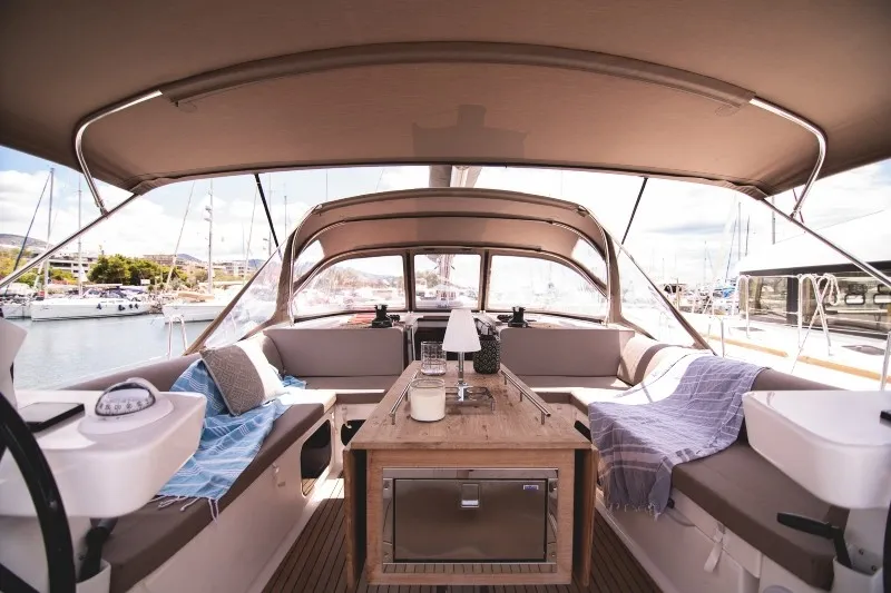 Deck of Blue Moon, a Dufour 520 Grand Large sailboat at Preveza, Greece