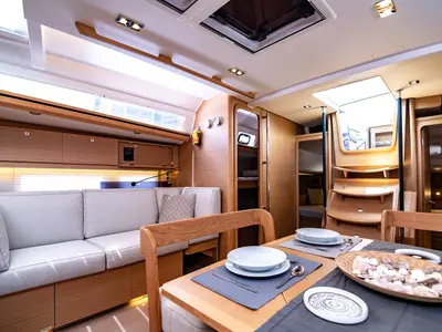 Salon of Blue Moon, a Dufour 520 Grand Large sailboat at Preveza, Greece