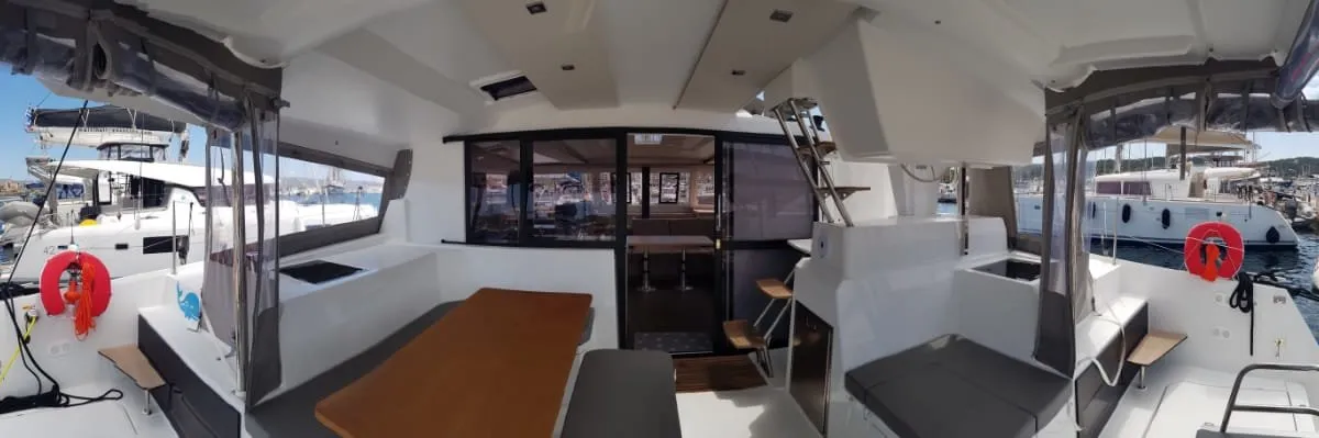 Deck of Wild Baleine, a Fountaine Pajot Astrea 42 catamaran at Lavrion, Greece