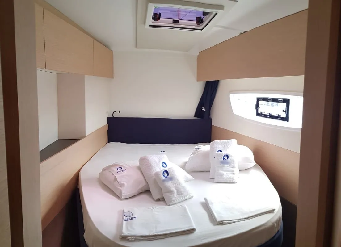 Cabin on Wild Baleine, a Fountaine Pajot Astrea 42 catamaran at Lavrion, Greece