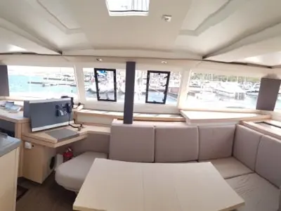Salon of Wild Baleine, a Fountaine Pajot Astrea 42 catamaran at Lavrion, Greece
