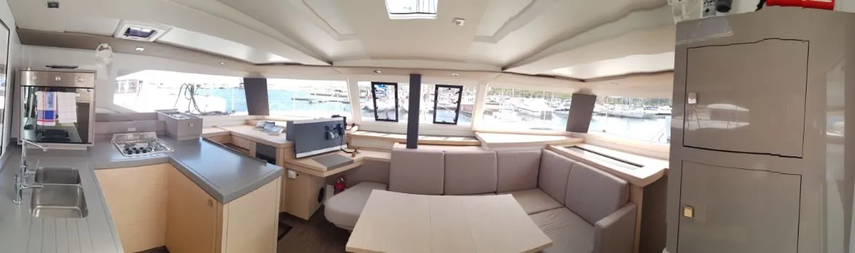 Salon of Wild Baleine, a Fountaine Pajot Astrea 42 catamaran at Lavrion, Greece