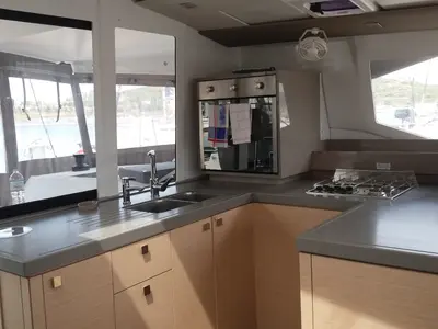 Galley of Wild Baleine, a Fountaine Pajot Astrea 42 catamaran at Lavrion, Greece