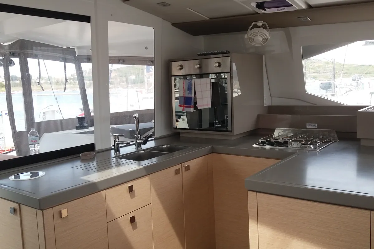Galley of Wild Baleine, a Fountaine Pajot Astrea 42 catamaran at Lavrion, Greece
