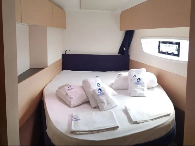 Cabin on Wild Baleine, a Fountaine Pajot Astrea 42 catamaran at Lavrion, Greece