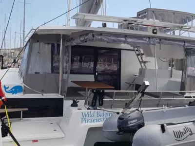 Deck of Wild Baleine, a Fountaine Pajot Astrea 42 catamaran at Lavrion, Greece