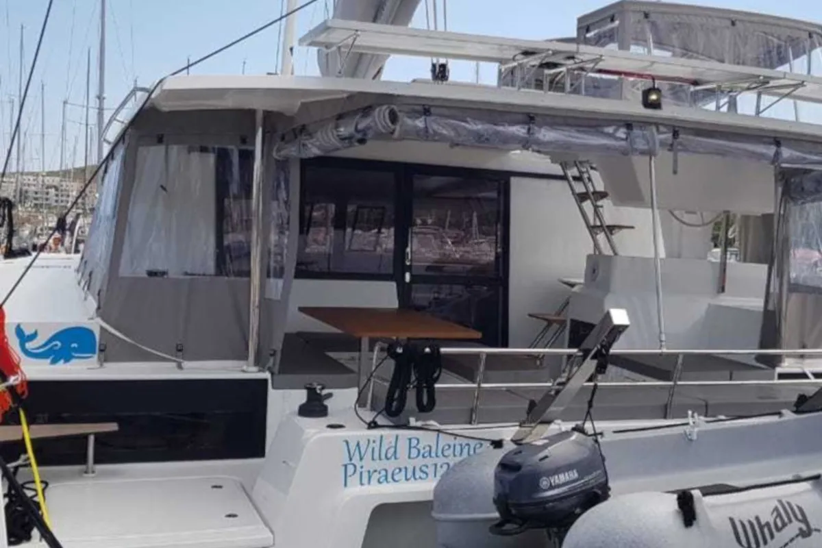 Deck of Wild Baleine, a Fountaine Pajot Astrea 42 catamaran at Lavrion, Greece