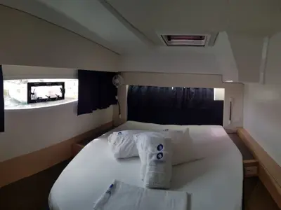 Cabin on Wild Baleine, a Fountaine Pajot Astrea 42 catamaran at Lavrion, Greece
