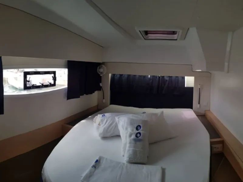 Cabin on Wild Baleine, a Fountaine Pajot Astrea 42 catamaran at Lavrion, Greece