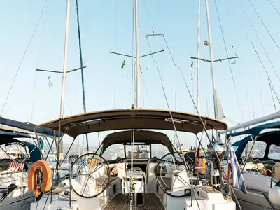 Cockpit of FILIPPOS I  Boat location in LEFKAS MARINA, D-marin  1 SUP FREE, a Jeanneau Sun Odyssey 479 sailboat at Municipal…