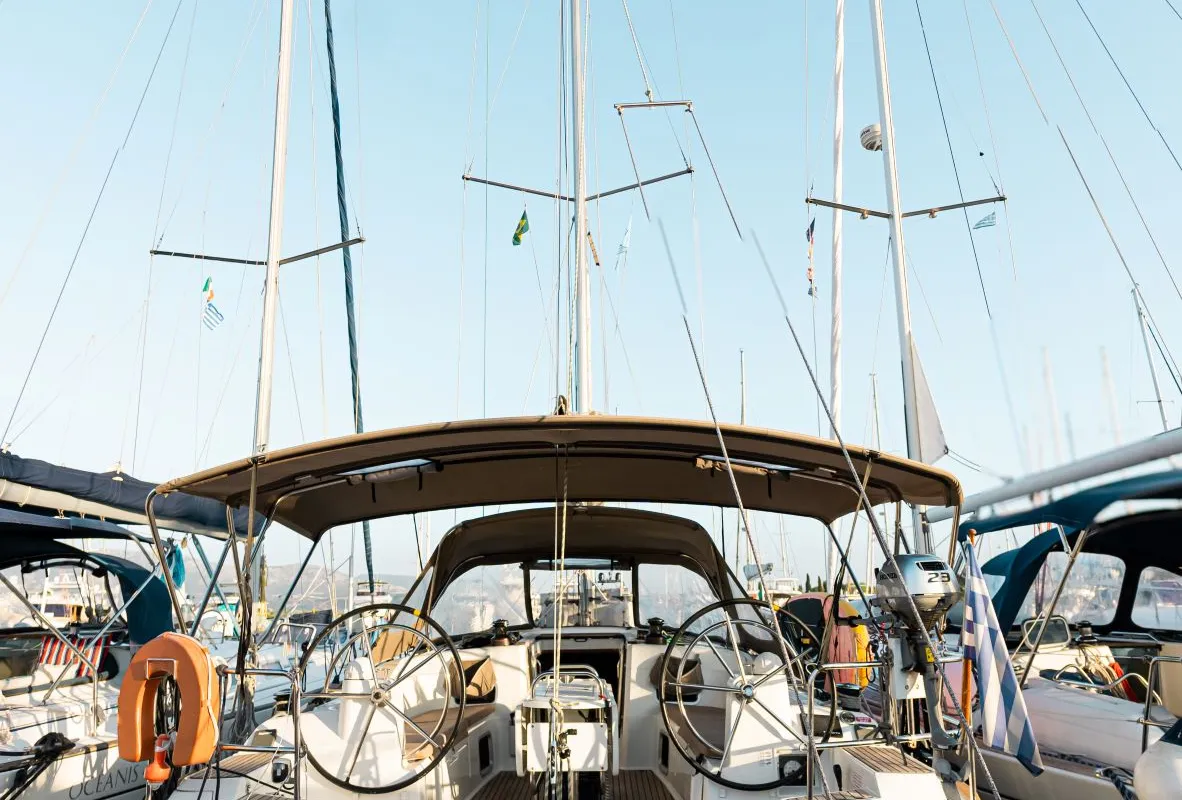 Cockpit of FILIPPOS I Boat location in LEFKAS MARINA, D-marin 1 SUP FREE, a Jeanneau Sun Odyssey 479 sailboat at Municipal…