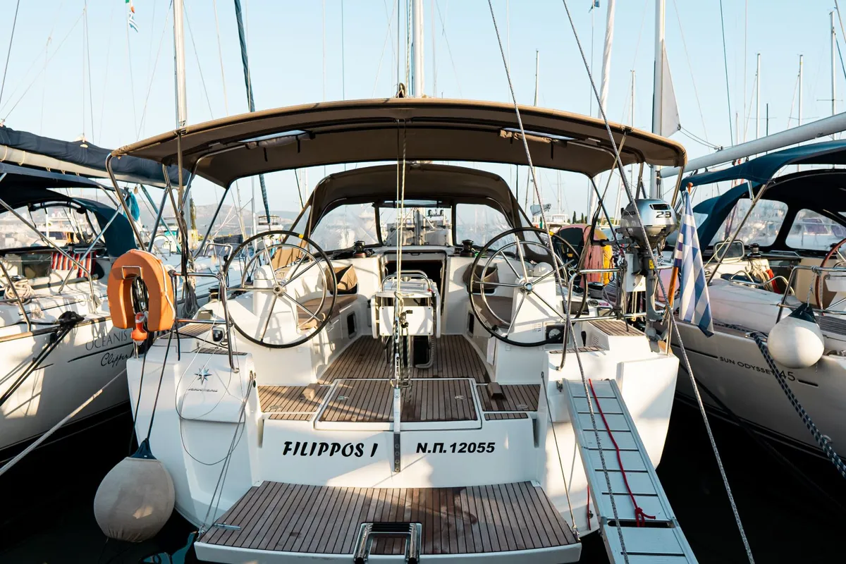 Cockpit of FILIPPOS I  Boat location in LEFKAS MARINA, D-marin  1 SUP FREE, a Jeanneau Sun Odyssey 479 sailboat at Municipal…
