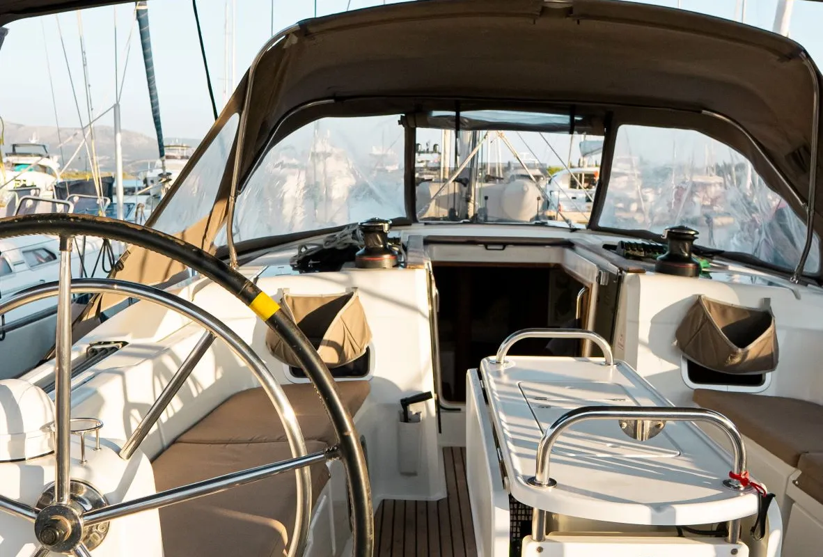 Cockpit of FILIPPOS I  Boat location in LEFKAS MARINA, D-marin  1 SUP FREE, a Jeanneau Sun Odyssey 479 sailboat at Municipal…