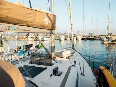 Deck of FILIPPOS I Boat location in LEFKAS MARINA, D-marin 1 SUP FREE, a Jeanneau Sun Odyssey 479 sailboat at Municipal Un…