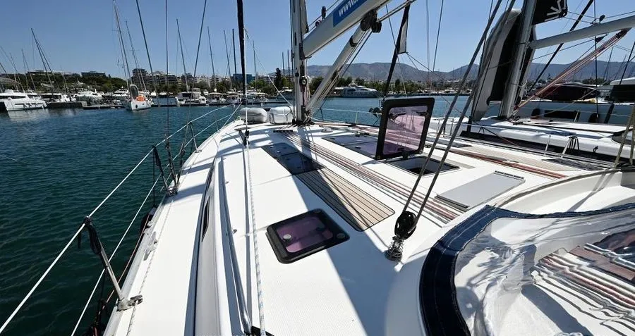 Deck of Odysseas S, a Bavaria 50 sailboat at Salamina, Greece