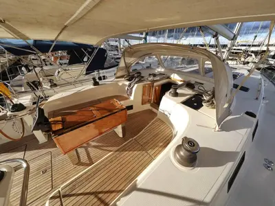 Cockpit of Odysseas S, a Bavaria 50 sailboat at Salamina, Greece